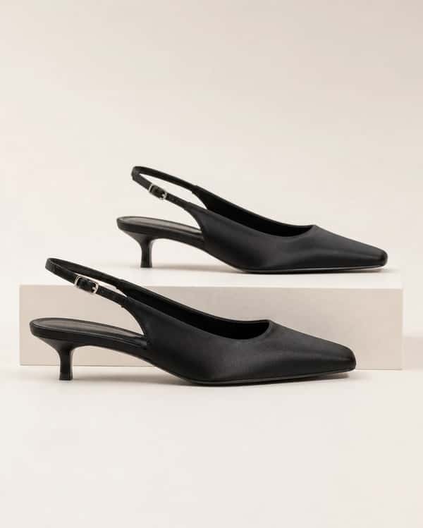 Square-Toe Slingback Kitten Heel – Black
